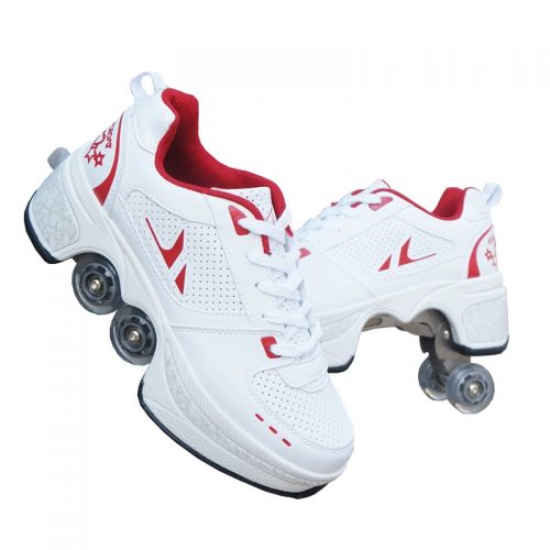 Factory supply 2021 Kick roller skates sneakers dropshipping four wheels white and blue red parkour shoes for couple lovers