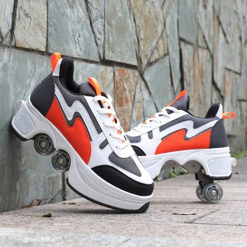 2021 trending kick roller skates sneakers transformative four wheels outdoor skating shoes for couple lovers