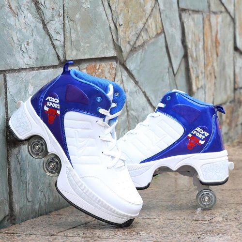 2021 trending kick roller skates sneakers transformative four wheels white blue high shoes for couple lovers