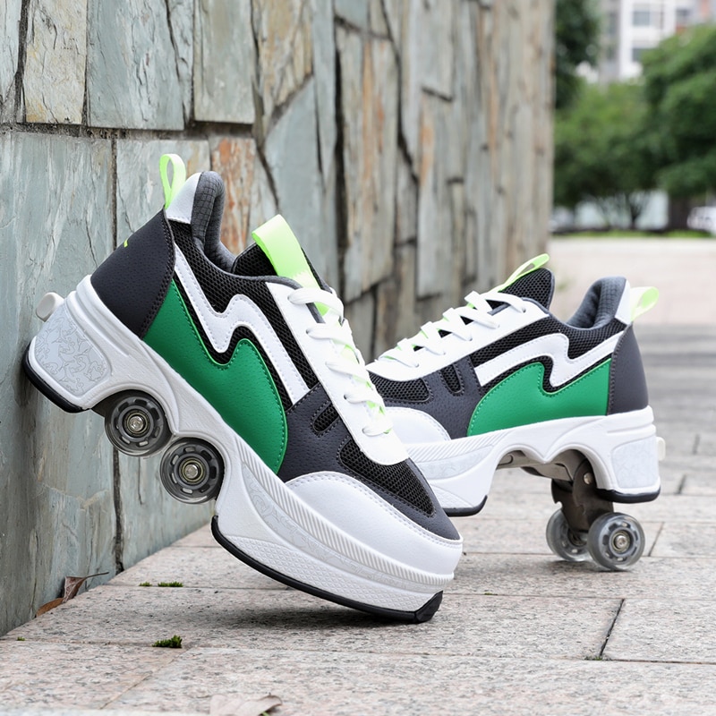 Factory supply 2021 white green Kick roller skates sneakers dropshipping four wheels parkour shoes for couple lovers