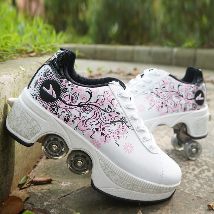 China Factory supply 2021 Kick roller skates sneakers low price four wheels white trending parkour shoes